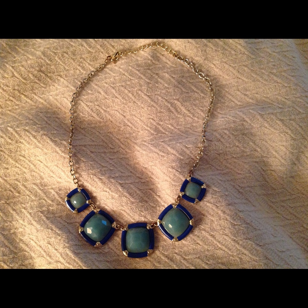 Gold tone necklace/ blue & green
